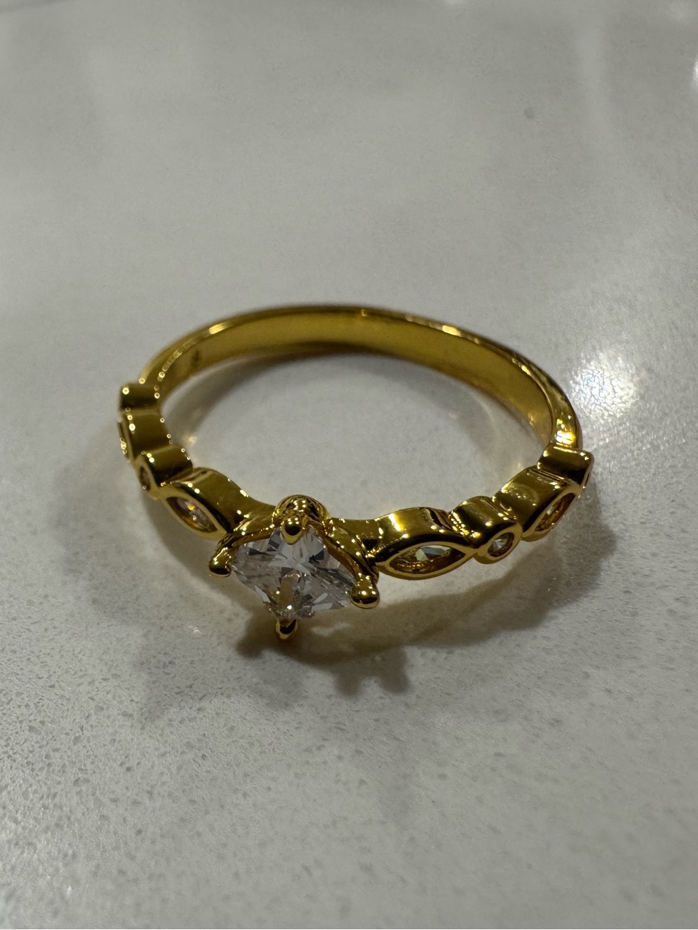 Gold plated CZ Solitaire Ring with Marquise Accent Stones size 7